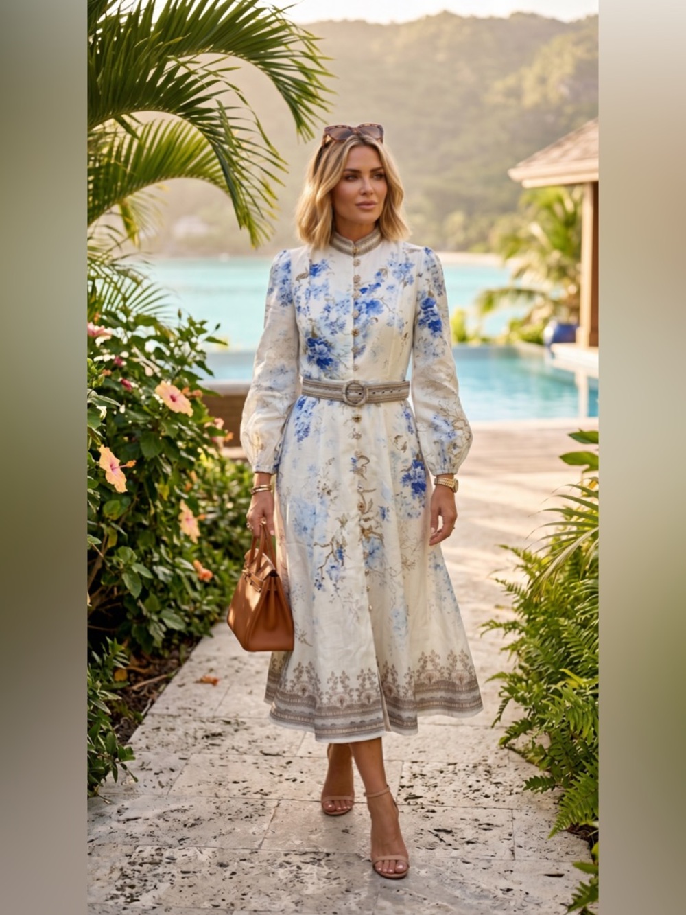 Floral Blue & Cream Midi Dress with Belt S/M